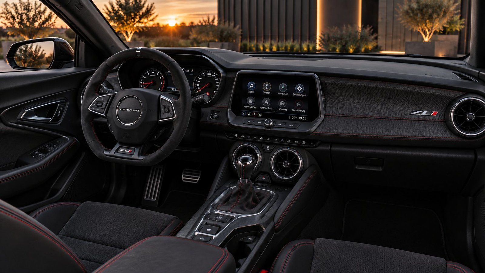 Sportliches Cockpit eines Chevrolet Camaro ZL1 mit roten Ziernähten