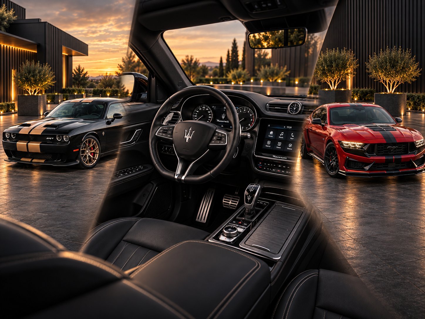 Maserati-Interieur mit Blick auf Dodge Challenger und Ford Mustang