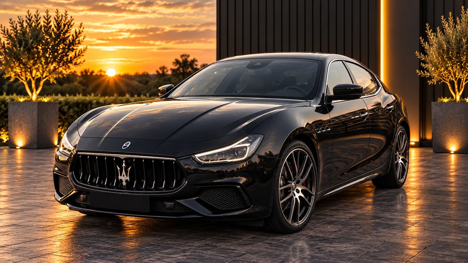 Schwarzer Maserati Ghibli vor einem modernen Gebäude im Abendlicht