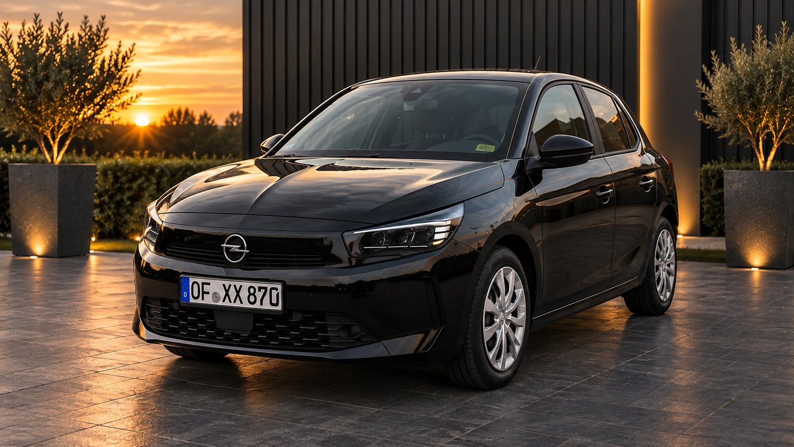 Schwarzer Opel Corsa, Frontansicht bei Sonnenuntergang